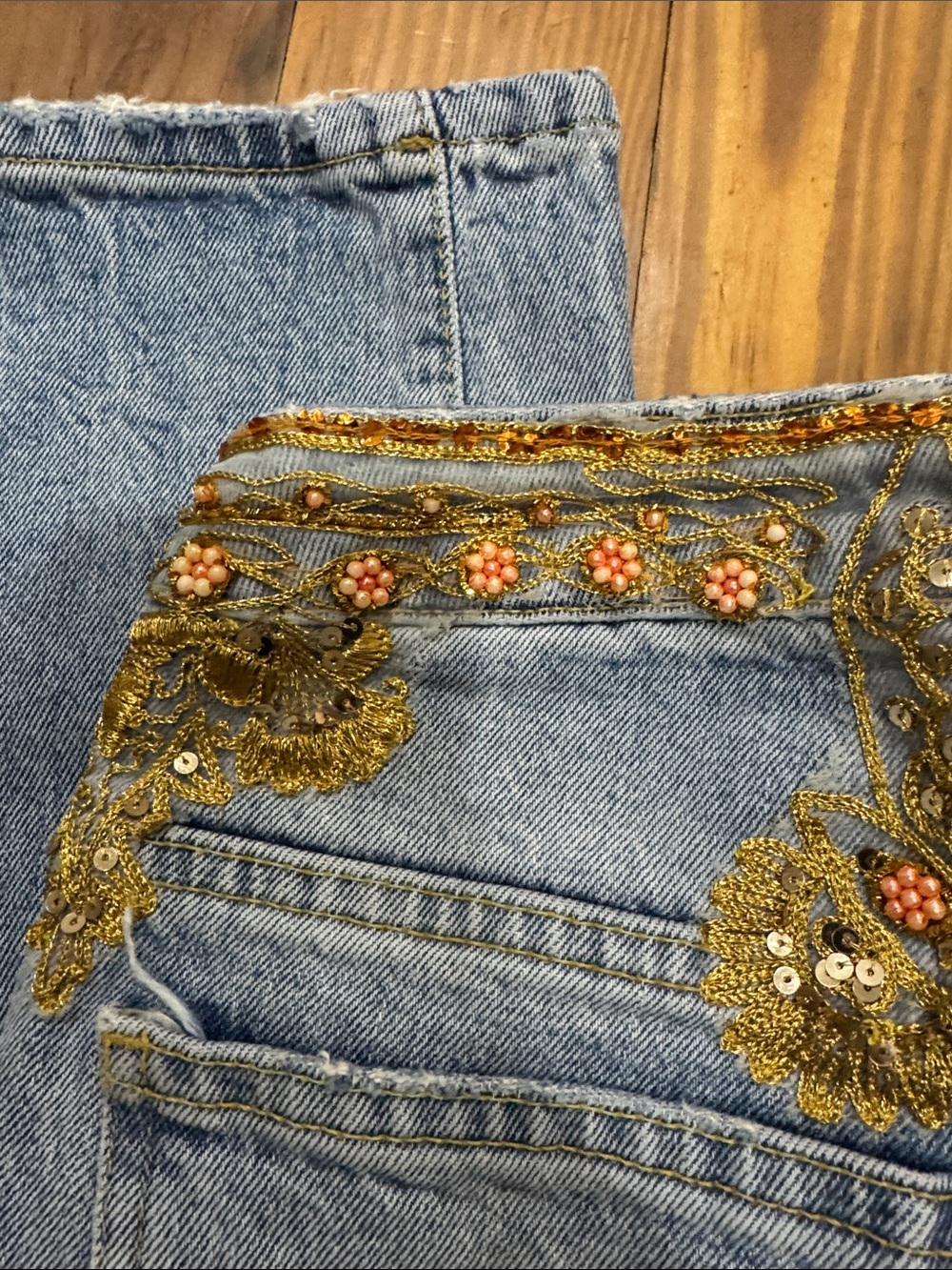 We The Free Light Blue Straight Leg Jeans with Gold Embroidered & Red Bead Waist - Picture 4 of 11